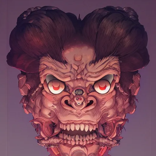 Image similar to prompt : oni mask character portrait soft light painted by james jean and katsuhiro otomo and erik jones, inspired by evangeleon anime, smooth face feature, intricate oil painting, high detail illustration, sharp high detail, manga and anime 1 9 9 9