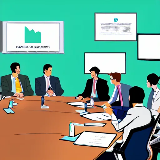 Image similar to detailed intricate colour illustration of a dinosaur doing a PowerPoint presentation in a corporate board meeting room