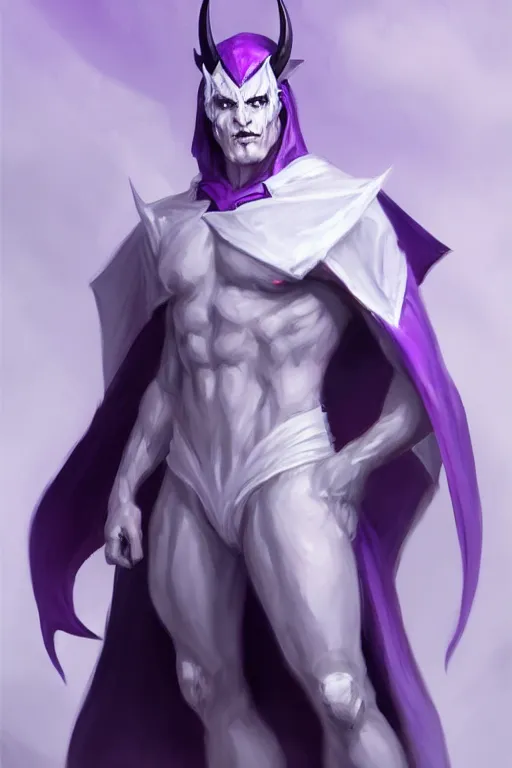 Prompt: human male demon, full body white purple cape, hero, character concept art, costume design, black eyes, white horns, trending on artstation, Artgerm , WLOP