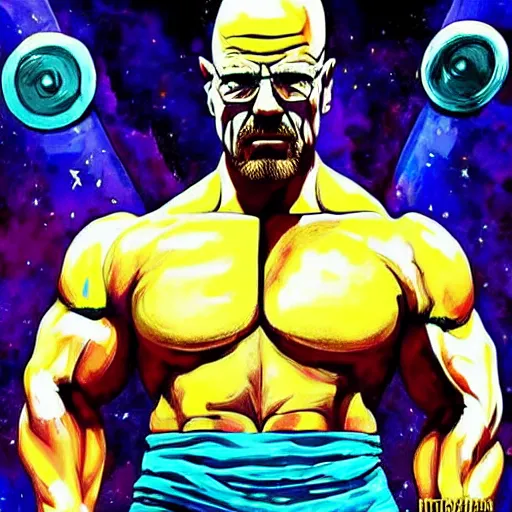 Image similar to walter white as a bodybuilder thanos with the infinity gauntlet, artstation hall of fame gallery, editors choice, #1 digital painting of all time, most beautiful image ever created, emotionally evocative, greatest art ever made, lifetime achievement magnum opus masterpiece, the most amazing breathtaking image with the deepest message ever painted, a thing of beauty beyond imagination or words, 4k, highly detailed, cinematic lighting