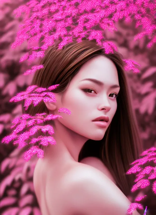Image similar to photo of a gorgeous female in the style of stefan kostic, realistic, half body shot, sharp focus, 8 k high definition, insanely detailed, intricate, elegant, art by stanley lau and artgerm, extreme bokeh pink foliage