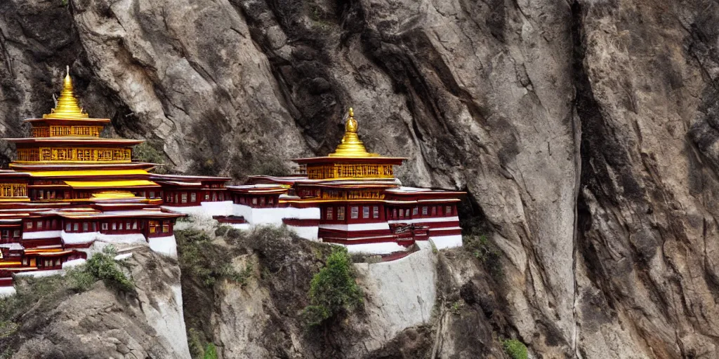 Prompt: Tibetan Buddhist monastery built inside of steep rock cliff, , highly detailed, hyper realistic