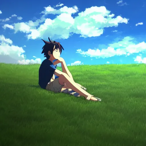 Prompt: a boy sitting on the lawn, blue sky and white clouds, makoto shinkai style