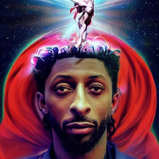 Prompt: handsome 2 1 savage as jesus in the movie psychedelic space jesus saves the space time continuum, movie poster but better concept art trending on tiktok