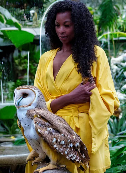 Prompt: head to shoulder portrait film photograph of an elegant top model wearing a yellow kimono with a very detailed barn owl on her shoulder!!! in a tropical greenhouse. looking at the camera!!. slight smile. super resolution. Extremely detailed. sitting inside a fountain. by Jody Rogac.