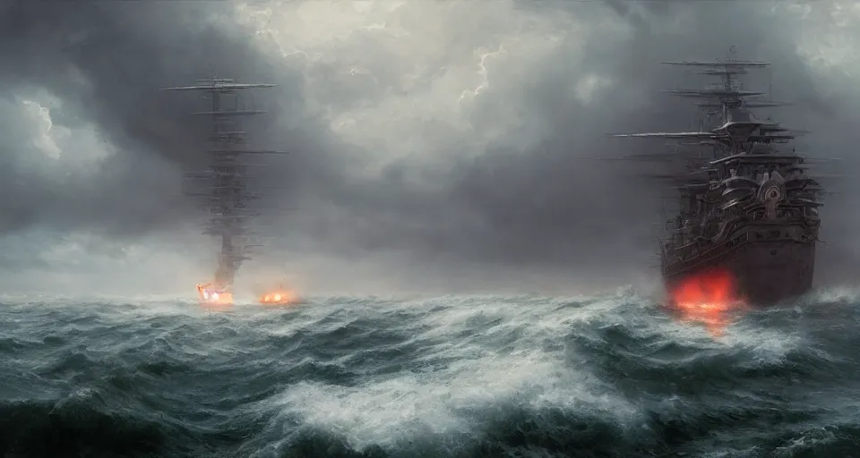 Image similar to enormous sailing battleship, raging sea foggy, dramatic, action scene, stormy background, shipfleet on the horizon, high detail, greg rutkowski, james gurney, gene wolfe, gustave dore, jesper ejsing, rhads, makoto shinkai, ilya kuvshinov