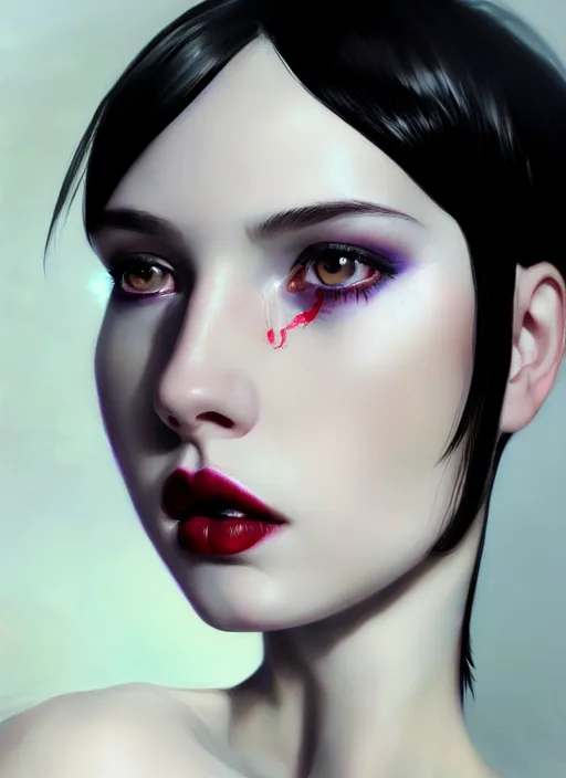 Image similar to portrait of teenage girl, red irises, red eyes, black hair, white bangs, purple lipstick, white bangs, bangs, black hair and white bangs, intricate, elegant, glowing lights, highly detailed, digital painting, artstation, concept art, smooth, sharp focus, illustration, art by wlop, mars ravelo and greg rutkowski