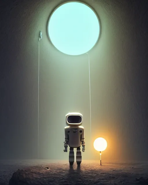 Image similar to gediminas pranckevicius, a robot standing in front of a glowy open door that's on a barren moon, poster art by mike winkelmann, trending on cg society, space art, sci - fi, ue 5, futuristic, volumetric lighting, light casting onto the ground, neat composition and camera angle
