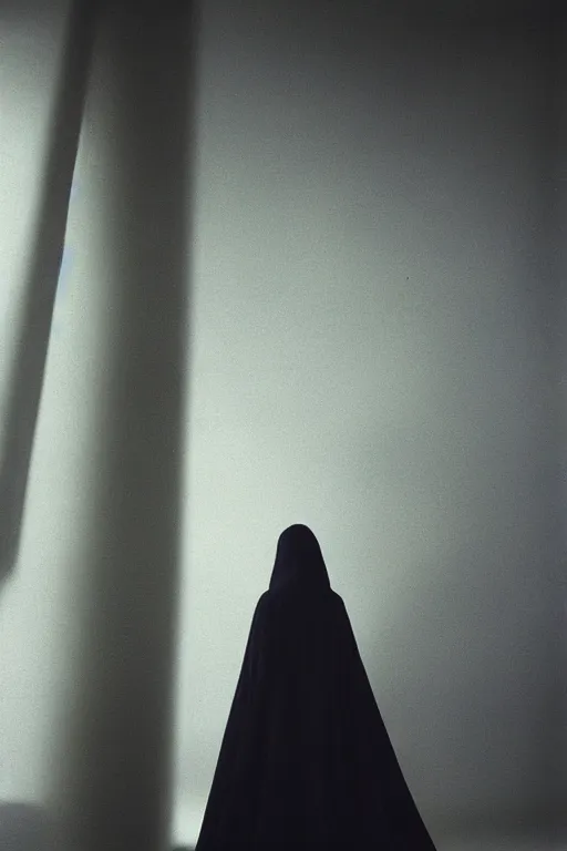 Prompt: a film still of a girl wearing long futuristic dark cloak by yohji yamamoto standing in a shadow sense of mystery, muted colors, simple shapes, long shot, full shot, by bill henson, by gregory crewdson, golden ratio, perfect composition, dramatic, fine detail, intricate