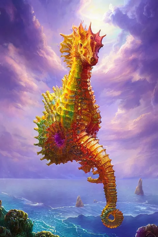 Image similar to highly detailed portrait of rainbow seahorse, stephen bliss, unreal engine, fantasy art by greg rutkowski, rhads, ferdinand knab, makoto shinkai and lois van baarle, ilya kuvshinov, rossdraws, tom bagshaw, global illumination, radiant light, yellow blue theme, coral reef