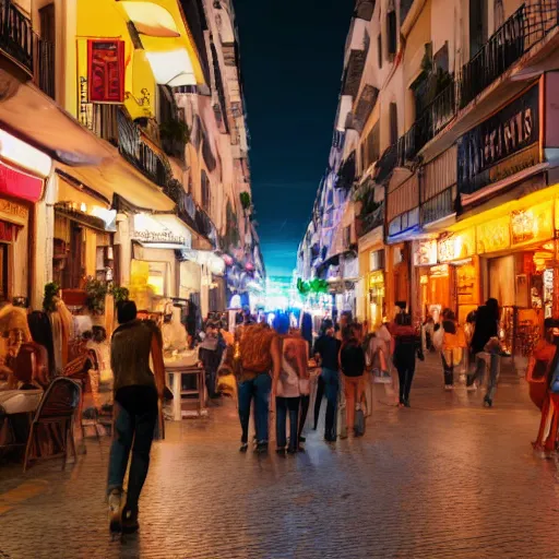 Image similar to a busy side street in valencia, people outside eating meals, taverns nighttime lifestyle, photorealistic