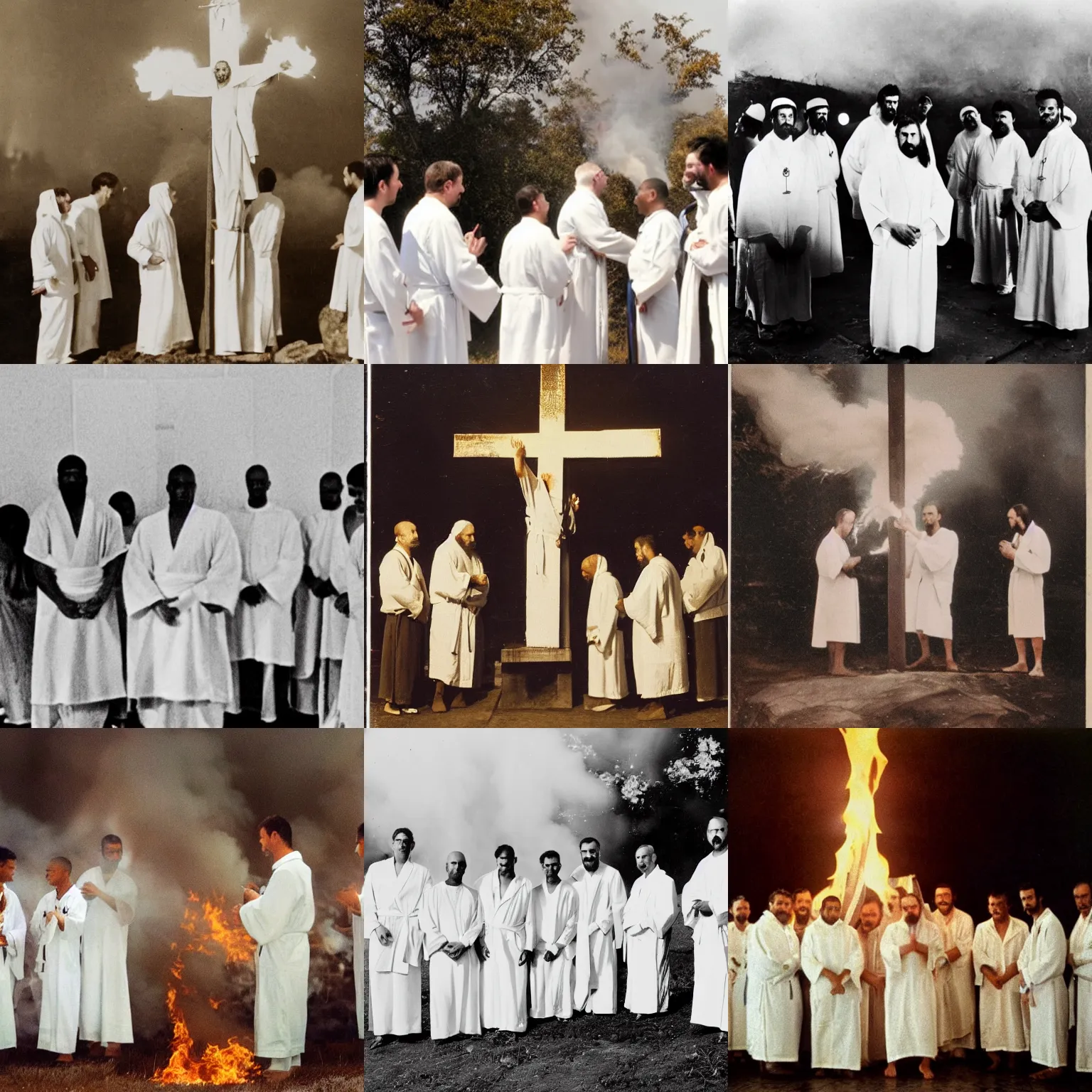 Prompt: a group of men in white robes standing around a burning cross