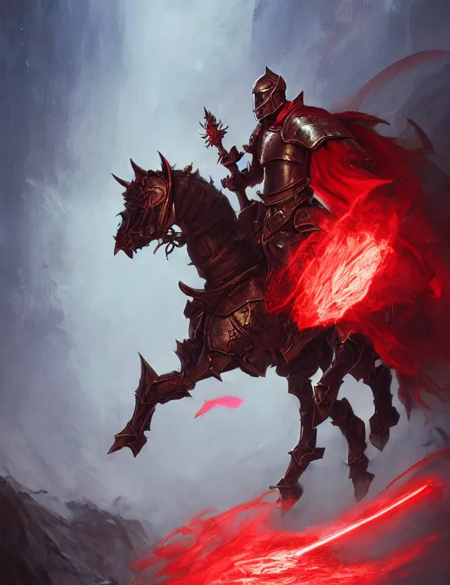 Prompt: a masked knight in crimson armour mounted on a spectral horse, holding a glowing red battle staff, by frank fazetta and peter mohrbacher, trending on artstation, digital art, 4 k resolution, detailed, high quality, sharp focus, hq artwork, coherent, insane detail, concept art, character concept, character full body portrait