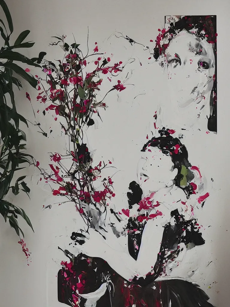 Image similar to “art in an Australian artist’s apartment, painting of a woman wearing white cotton cloth, organic, fresh berries, white wax, edible flowers, Japanese pottery, ikebana, black walls, acrylic and spray paint and oilstick on canvas”