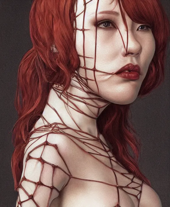 Image similar to a highly detailed portrait of a readhead, intricate latex set, spider, honey birdette, shibari, realistic portrait, deep focus, matte, digital painting, artstation, concept art, smooth, matte, sharp focus, cinematic lighting, art by artgerm and nobuyoshi araki and bianca beauchamp, francisco martan