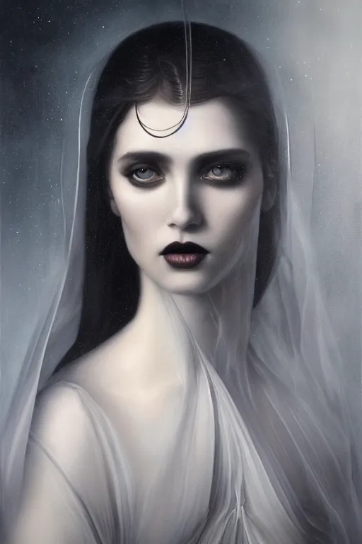 Prompt: By Tom Bagshaw, ultra realist soft painting of a glass of ice by night, sofia verga wearing a white full gothic dress transparent glass ice, symmetry accurate features, very intricate details, omnious sky, black and white, volumetric light clouds