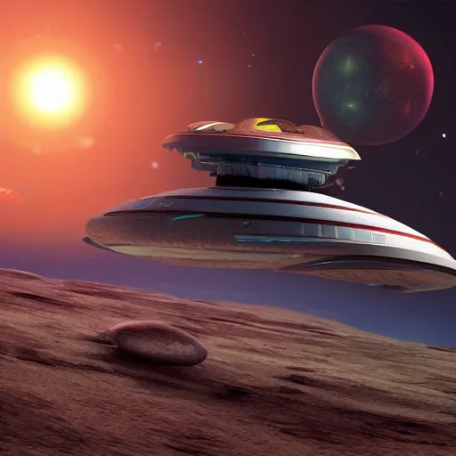 Image similar to scifi spaceship landing on a candy planet, hyperrealistic, ultra realistic, realistic, highly detailed, epic, HD quality, 8k resolution