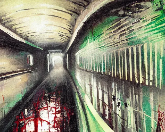 Image similar to urban overgrown subway decay gothics, comic style painting with oil on cardboard, intense brushstrokes with rough brush, cinematic color palette, 4K