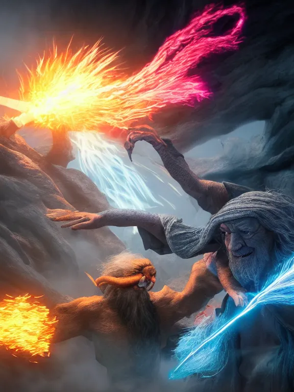 Image similar to photo of 8k ultra realistic Gandalf fighting the balrog, full of colour, cinematic lighting, battered, trending on artstation, 4k, hyperrealistic, focused, extreme details,unreal engine 5, cinematic, masterpiece, art by studio ghibli