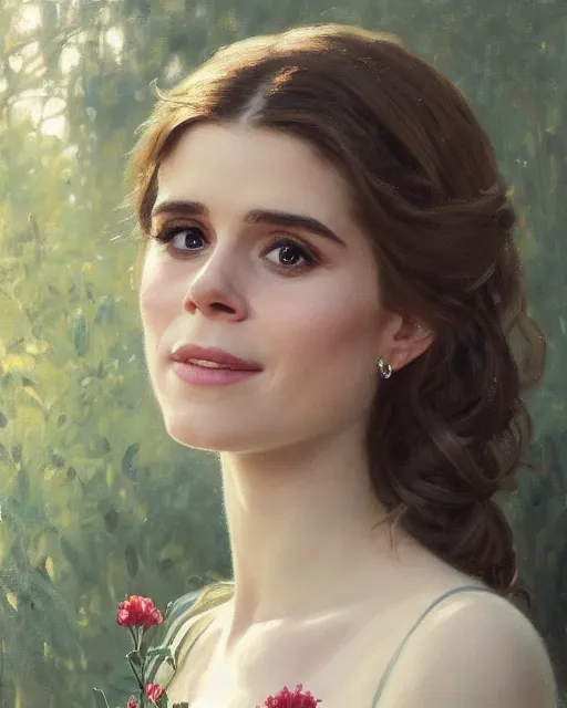 Prompt: a portrait painting of kate mara / holly earl / sabrina lloyd hybrid oil painting, gentle expression, smiling, elegant clothing, scenic background, extremely detailed and lifelike, artgerm, greg rutkowski, alphonse mucha, vladimir volegov, adolphe bouguereaum, greg hildebrandt