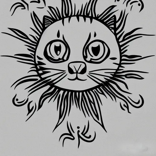 Image similar to tattoo sketch of a cat hugging the sun, on a canva, minimalism, ornamental, line art, vector,