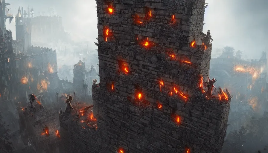 Prompt: Cinematic view of zombies climbing castle's wall during the Dark Ages, smoke and ashes, hyperdetailed, artstation, cgsociety, 8k