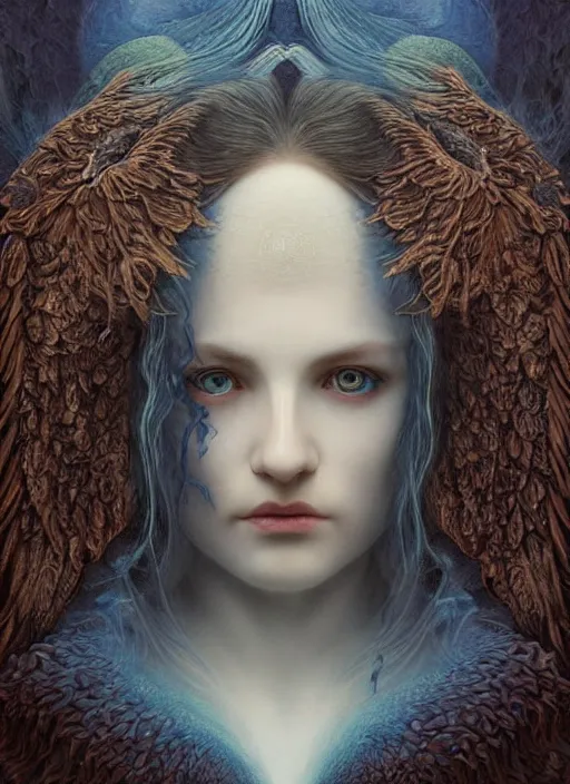 Prompt: Her huge ominous glowing blue eyes staring into my soul , perfect eyes, soft pale white skin, intricate stunning highly detailed, agostino arrivabene, artgerm, twisted dark lucid dream, 8k portrait render, raven angel wings, swirling thick smoke , beautiful lighting, dark fantasy art, cgsociety