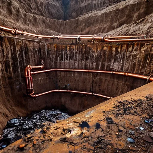 Prompt: underground copper mine, flooded, dirty water, rusty pipes