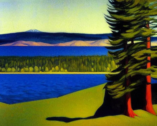 Image similar to a stunning painting of lake almanor by edward hopper, award winning art