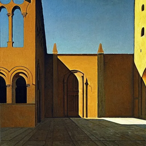 Image similar to in the distance, a little girl with short black hair and wearing a yellow coat alone in the inner courtyard of a cloister in an abbey, the light is bright and wintry, painting by hopper and de chirico