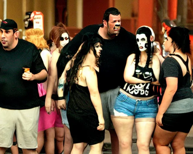 Image similar to fat gamer adam sandler wearing gamer shorts. surrounded by adoring female goth vampires.