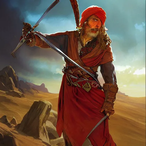 Image similar to ezra the elven desert bandit. Red turban. Epic portrait by james gurney and Alfonso mucha (lotr, witcher 3, dnd).