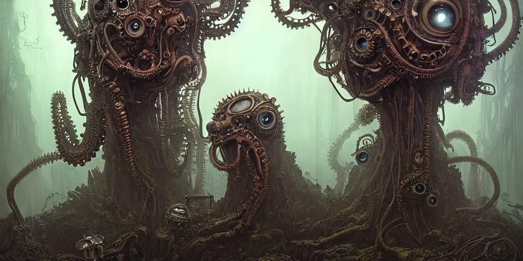 Image similar to biomechanical steampunk creature with robotic parts and big octopus head and (glowing) eyes guarding an ancient lush cave in a mystic forest, gothic and baroque, brutalist architecture, ultradetailed, creepy ambiance, fog, artgerm, giger, Intricate by Ellen Jewett and Josan Gonzalez and Giuseppe Arcimboldo