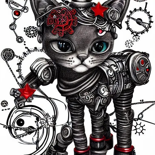 Image similar to trash polka tattoo sketch 2 d cartoon cybernetic kitten and evil unicorn robot, pencil drawing, clear lines, fractals, hard style, elaborate details, black and red, steampunk, background white paper, 4 k, ultra detailed