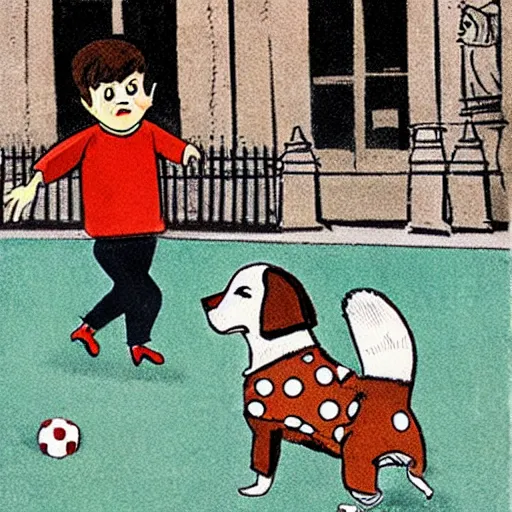 Image similar to book illustration of a french boy on the streets of paris playing football against a corgi, the dog is wearing a polka dot scarf, 1 9 6 6