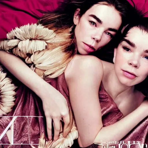 Image similar to stunning vogue magazine photo of dark - haired goddesses vanessa kirby, hailee steinfeld, and bjork smiling, legs intertwined, laying back on the bed, with wet faces!!, wet lips, smooth skin, perfect eyes, insanely detailed, elegant, by wlop, rutkowski, livia prima, mucha, wlop,