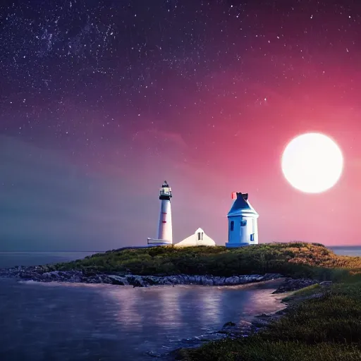 Prompt: Photography, very detailed, hyper-realistic A red and white striped lighthouse shining out onto the sea; a white house with a red roof with the lights on inside; thin dark trees behind; nighttime with stars behind; full moon; 8k