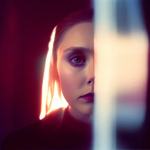 Image similar to elizabeth olsen angry, liminal space, cinematic shot, cinestill 8 0 0 t