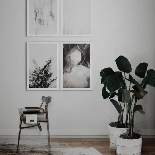 Prompt: a minimalist mockup photo with large blank frame, in a white boho style studio, in cozy coastal style home interior, white walls, trending on pinterest