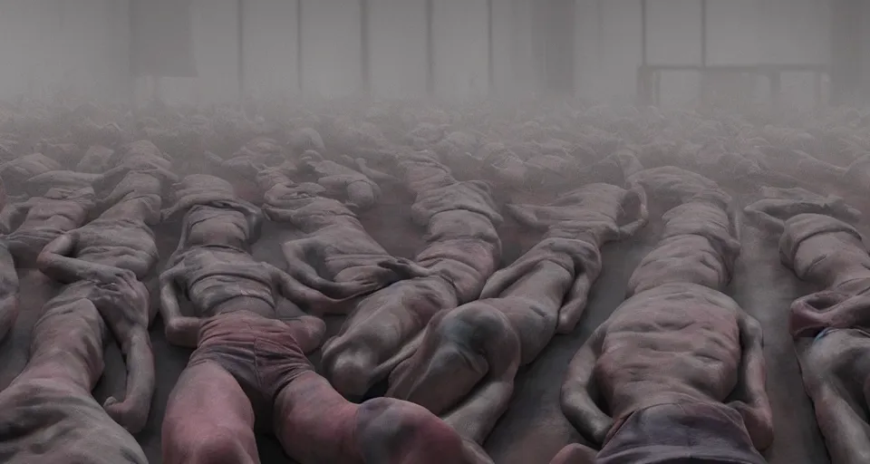 Prompt: illustration of rows of limp human bodies on display in a cold warehouse, refrigerated storage facility, rolling fog, greg rutkowski, cyberpunk, dystopian, dramatic lighting, unreal engine 5, colorful