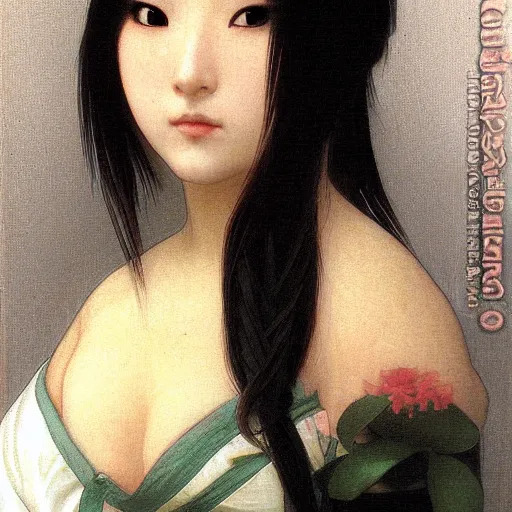 Image similar to Portrait of Hitomi from acclaimed video game series Dead or Alive, drawn by William Adolphe Bouguereau