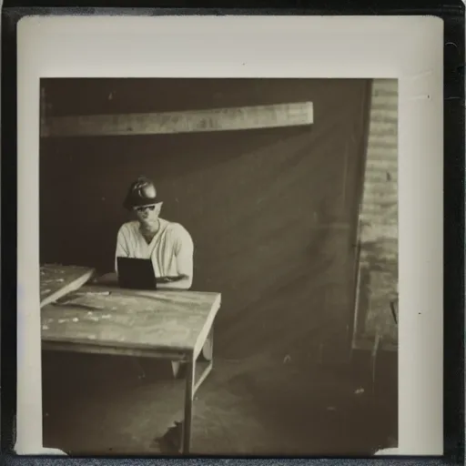 Image similar to a polaroid photo of man using a laptop inside in warehouse, he sitting on chair and small table, he's wearing blue cloth and construction hat, photo from behind, high details, perfect face shape