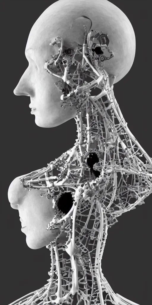 Image similar to black and white dreamy foggy smoky profile face portrait, single skeletal biomechanical beautiful young female cyclops - cyborg - robot bust, body ribs meshes,, volumetric light, rim light, by dora maar and cecile beaton, big gothic fashion pearl embroidered collar, 8 k