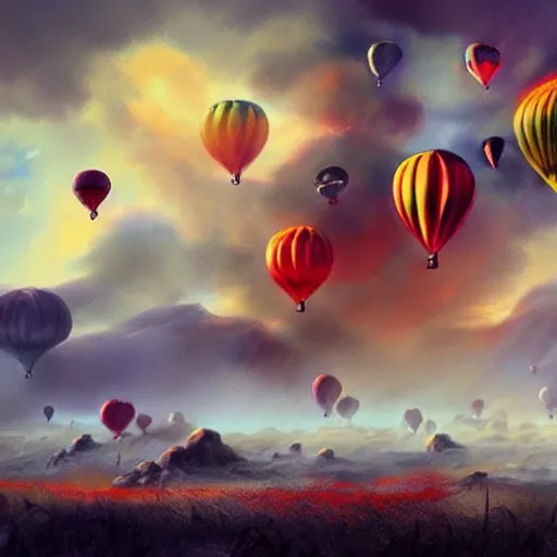 Prompt: colorful hot air balloons float over a fiery battlefield of smoke, fantasy, concept art, colorful, vivid