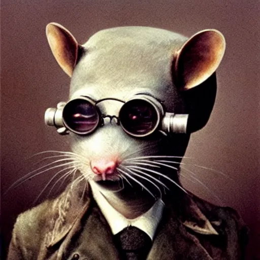 Image similar to a rat with steampunk googles, by Gottfried Helnwein