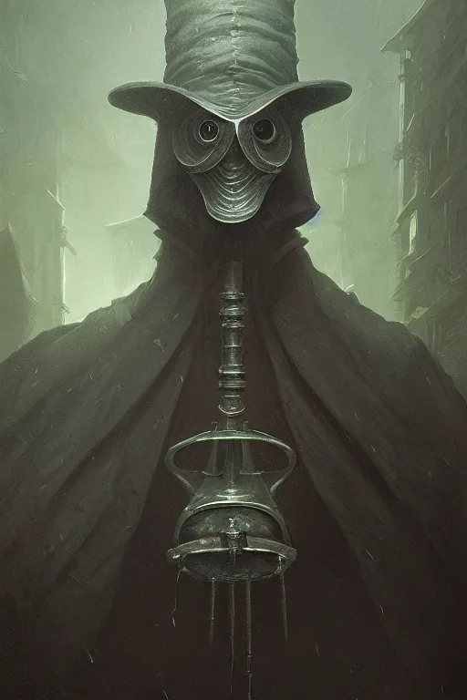 Prompt: An elegant portrait of a green plague doctor by Greg Rutkowski, Dan Mumford, Christophe Vacher, Bloodborne, 4k photorealistic, volumetric lighting, HD, high details, dramatic, dark atmosphere, trending on artstation