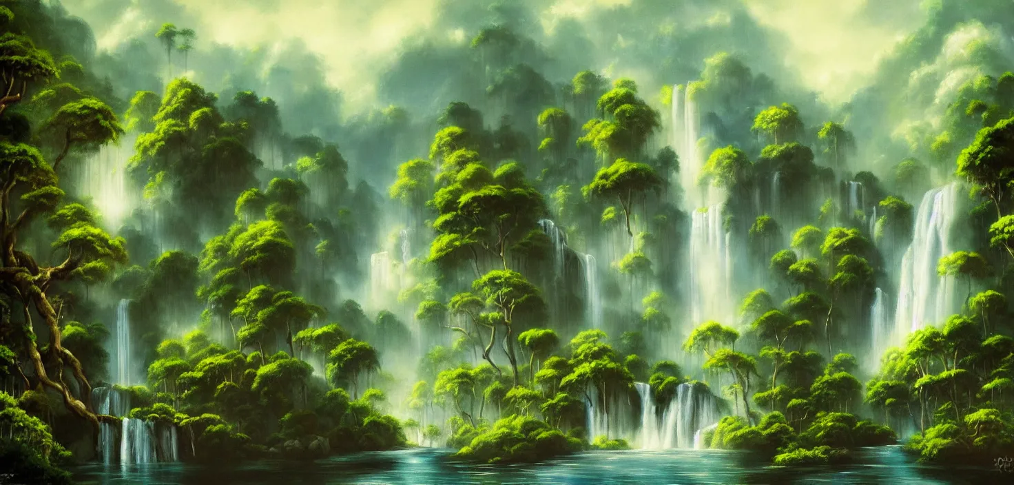 Image similar to a painting of a waterfall in the jungle, a detailed matte painting by bob ross, deviantart, fantasy art, matte painting, detailed painting, 2 d game art