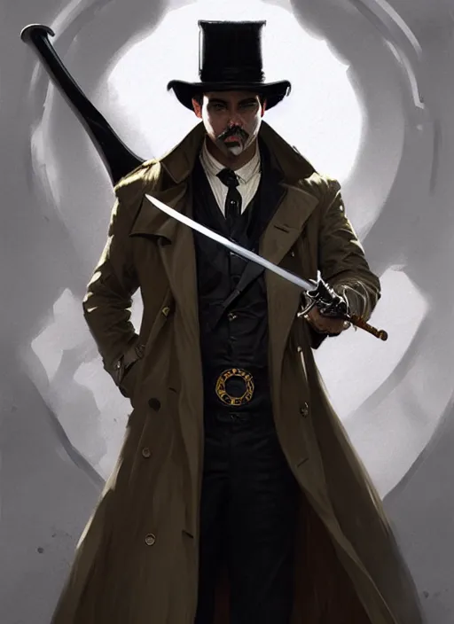 Image similar to portrait of a detective wearing trench coat and smoking puro, holding a sword, victorian, concept art, detailed face, fantasy, close up face, highly detailed, cinematic lighting, digital art painting by greg rutkowski