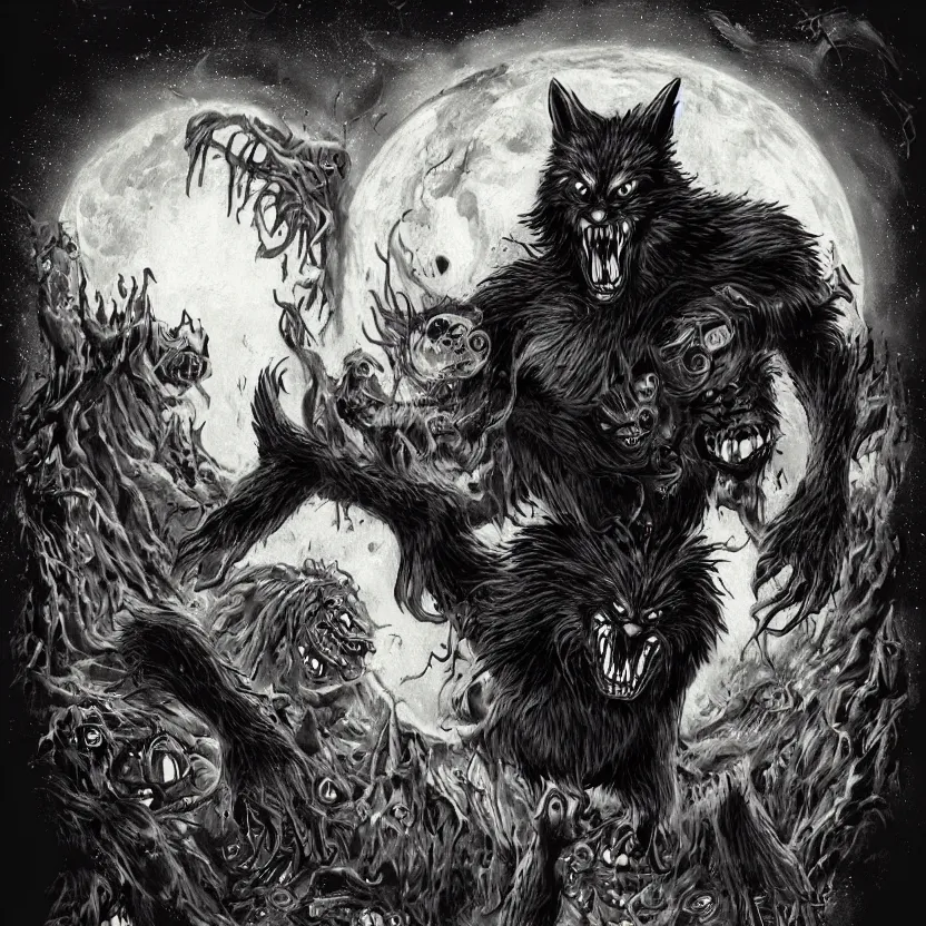 Prompt: werewolf monster with many eyes. pulp science fiction. dark background