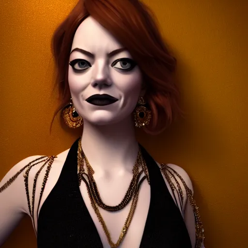 Prompt: a close up portrait of emma stone, she is dressed as a belly dancer,, arabian night, in focus sharp face with fine details, wearing black gloves, volumetric lightening, octane render, high quality, fully detailed, 4 k, alphonse mucha, masterpiece, stunning